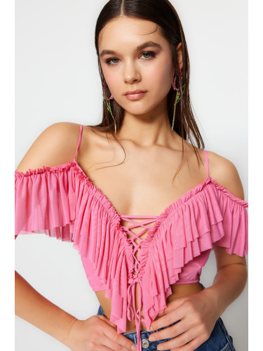 Trendyol Pink Crop Ruffle Knitted Blouse