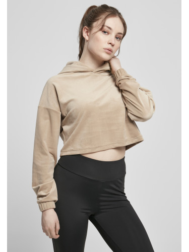 Women's Soft Taupe Hooded Cropped Velvet Oversized