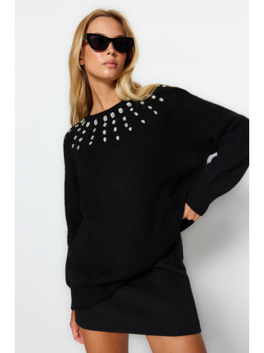 Trendyol Black Soft Textured Stone Detailed Knitwear Sweater