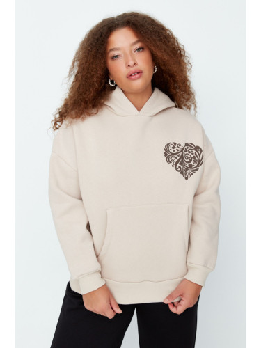 Trendyol Curve Beige Printed Hooded Thick Raised Knitted Sweatshirt