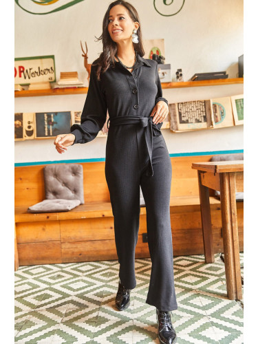Olalook Women's Black Shirt Collar Belted Soft Textured Playsuit