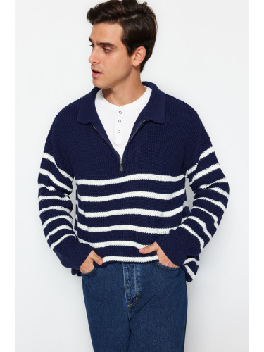 Trendyol Navy Blue Oversize Fit Wide Fit Polo Neck Striped Knitwear Sweater