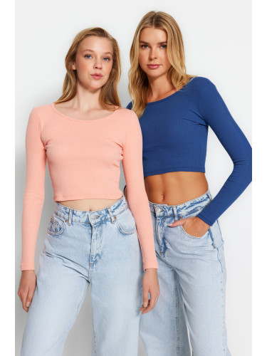 Trendyol Indigo-Pink 2 Pack Fitted Wide Collar Ribbed Flexible Crop Knitted Blouse