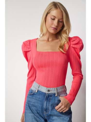 Happiness İstanbul Women's Pink Square Neck Ribbed Knitwear Blouse