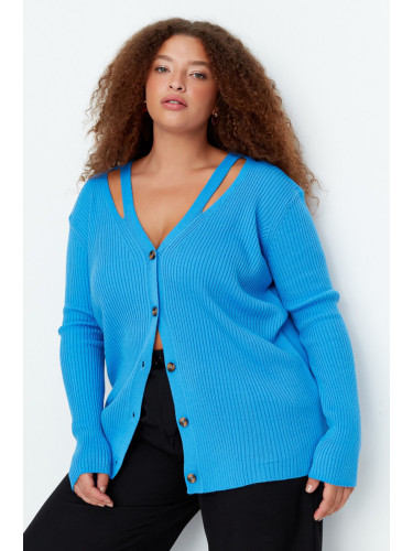 Trendyol Curve Blue V-Neck Band Detailed Buttoned Knitwear Cardigan