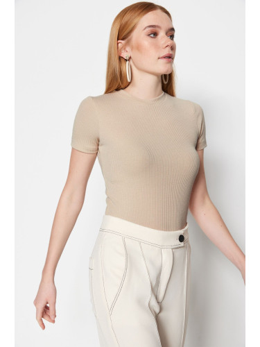 Trendyol Beige Half Sleeve Snap-Front Knitted Body Tunic