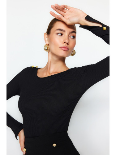 Trendyol Black Boat Neck Ribbed Flexible Regular Fit Long Sleeve Button Detailed Knitted Blouse