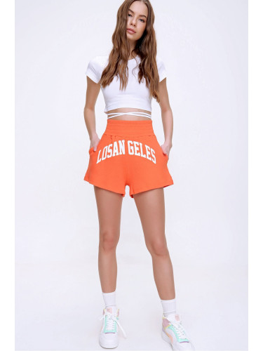 Trend Alaçatı Stili Women's Orange High Waist Printed Cotton Shorts with Pocket