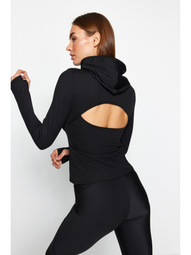 Trendyol Black Ribbed Thumb and Back Window/Cut Out Detail Knitted Sports Top/Blouse