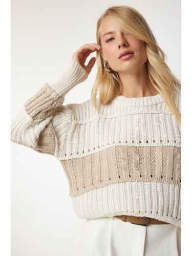 Happiness İstanbul Women's Cream Openwork Color Block Knitwear Sweater