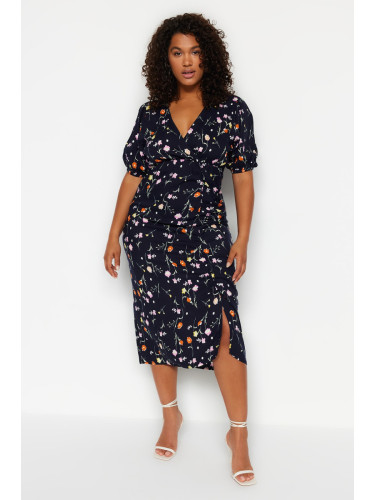 Trendyol Curve Navy Blue Floral Knitted Dress With Double Breasted Collar