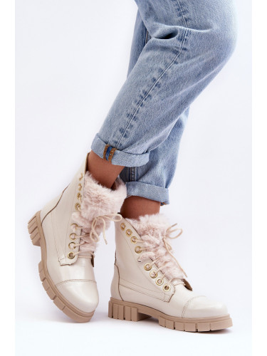 Boto Кожени дамски боти с изкуствен косъм светло бежови Lewski 3296