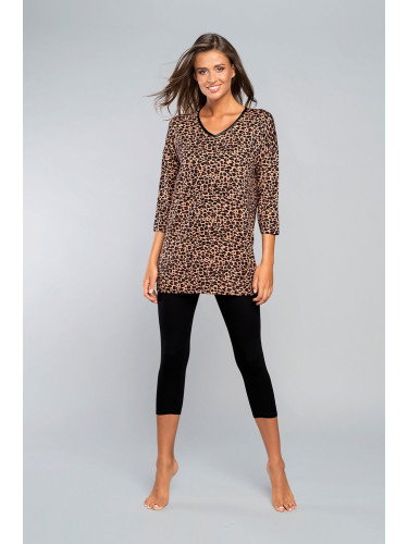 Panther pyjamas 3/4 sleeve, 3/4 legs - beige/black print