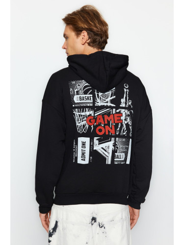 Trendyol Black Oversize/Wide Fit Hooded Basketball Printed Cotton Sweatshirt