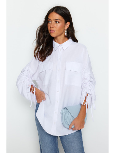 Trendyol White Woven Cotton Shirt with Adjustable Gathering Detail on Sleeves