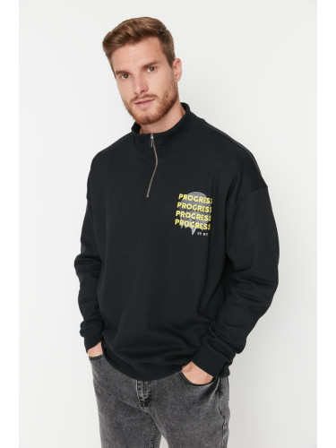 Trendyol Black Oversize/Wide Cut Zippered Text Printed Inside Fleece/Warm Sweatshirt