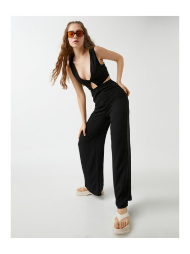 Koton Low-cut Wide Leg Jumpsuit with Window Detail Linen Blend