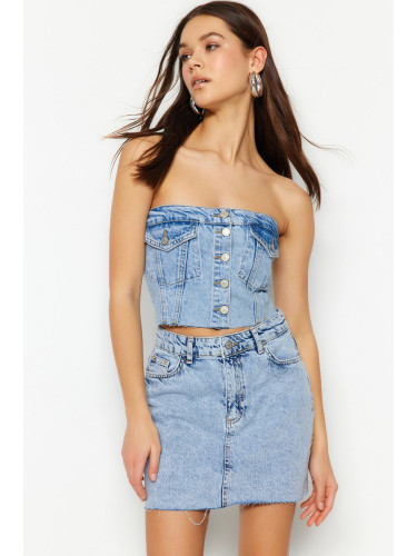 Trendyol Blue Front Buttoned Pocket Detail Strapless Collar Denim Crop Bustier