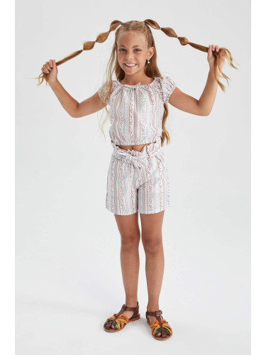 DEFACTO Girl Paperbag Fit Belted Striped Short