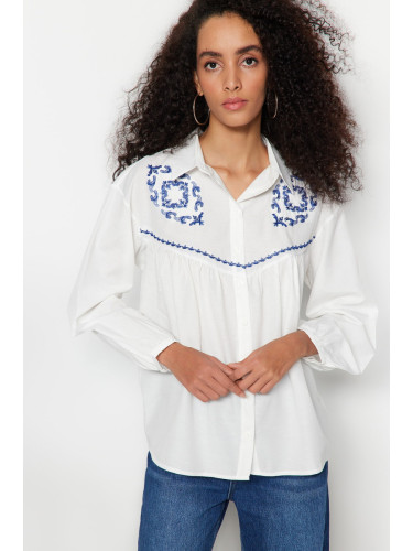 Trendyol Ecru Embroidered Cotton Woven Shirt