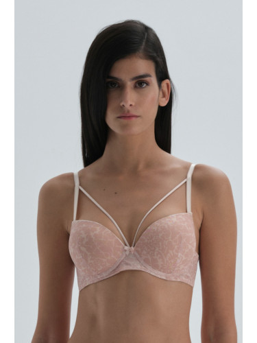 Dagi Dark Pink Half Padded Bra with Rope Detail on the Chest, Patterned Tulle Bra.