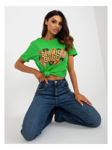 Green women's T-shirt with inscription and print