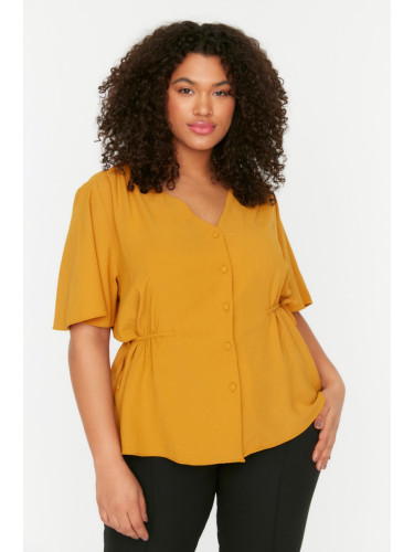 Trendyol Curve Weave Mustard V-Neck Tie-Down Blouse