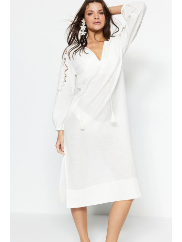 Trendyol White Midi Woven Kimono&Caftan 100% Cotton with Tassels