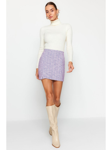 Trendyol Purple Zipper and Slit Tweed Regular Waist Mini Knitted Mini Skirt