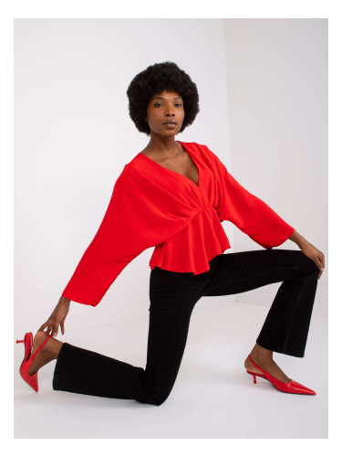 Red Raquela blouse with long sleeves and V-neck