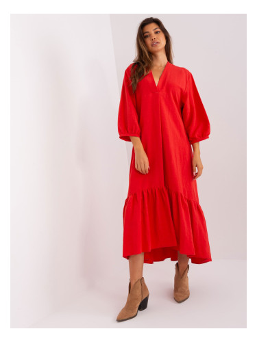 Red midi dress with ruffle by ZULUNA