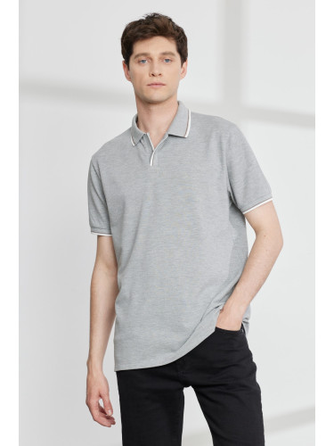 ALTINYILDIZ CLASSICS Мъжка сива меланж Slim Fit Slim Fit Polo Neck 100% памучна тениска с къс ръкав.