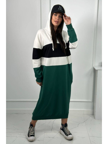 Three-color hooded dress ecru + black + dark green