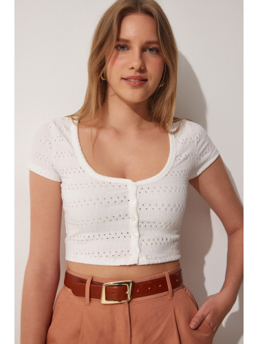 Happiness İstanbul Women's White U Neck Openwork Crop Knitted Blouse