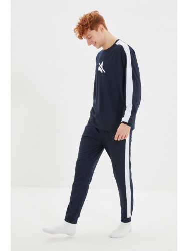 Trendyol Navy Blue Printed Stripe Detailed Knitted Pajamas Set