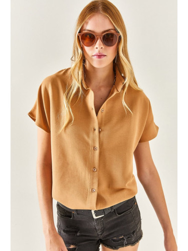 Olalook Women's Camel Bat Oversize Linen Shirt