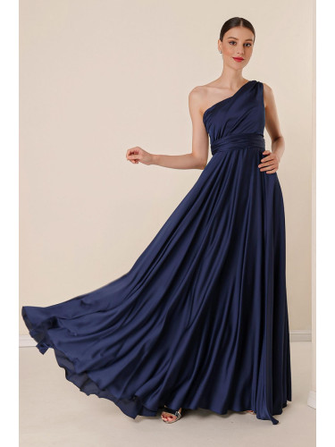 Дълга асиметрична рокля от креп и сатен