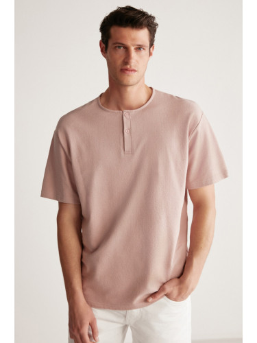 GRIMELANGE Harry Men's Collar Special Succulent Textured Thick Fabric 100% Cotton Pink T-shirt