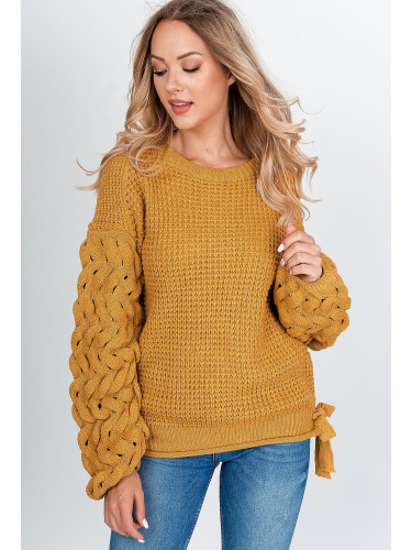 Women's knitted sweater with bows - mustard,