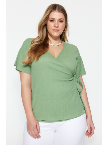 Trendyol Curve Dark Mint Double Breasted Tie Detailed Knitted Blouse