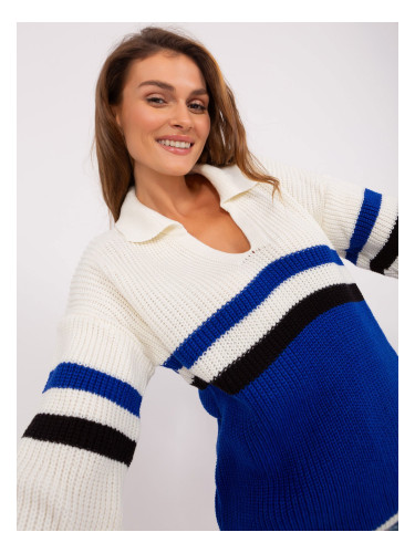 Ecru-cobalt oversize sweater with collar