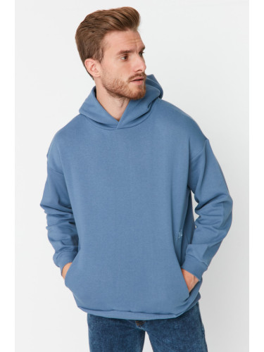 Trendyol Blue Oversize/Wide Cut Hooded Sweatshirt with Tiny Embroidery Details