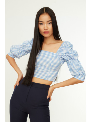 Trendyol Blue Crop Balloon Sleeve Houndstooth Blouse