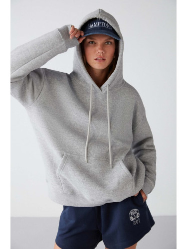 GRIMELANGE Adel Women's Fleece Inside Soft Relaxed Knitted 3 Thread Kangaroo Pocket Hooded Gray Sweatshirt