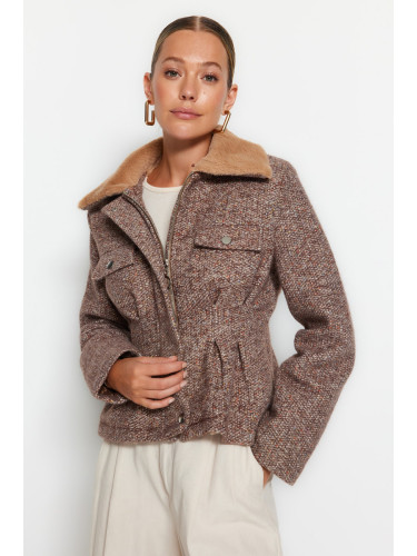 Trendyol кафяв премия плюшени яка печат палто