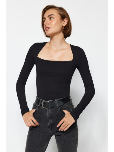 Trendyol Black Cotton Stretchy Square Neck Fitted Blouse