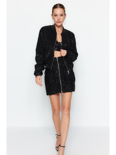 Trendyol черен трикотажни блестящи пайети пайети бомбардировач яке