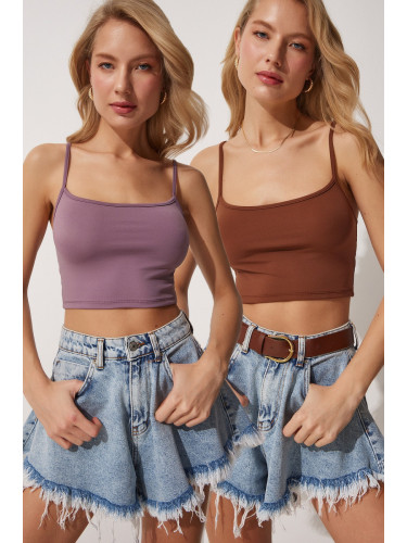 Happiness İstanbul Women's Lilac Brown 2-Pack Straps Knitted Crop Bustier Blouse