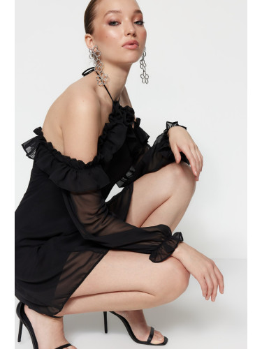 Trendyol Black A-Line Lined Woven Chiffon Chic Mini Evening Dress