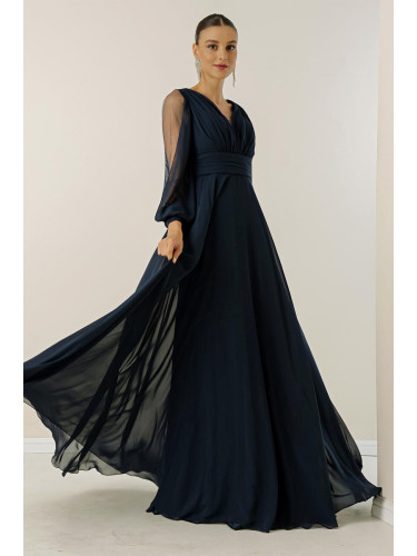 От Saygı предна задна v-образно деколте драпирани дълги ръкави тюл облицована широко тяло разделена дълга шифон рокля.